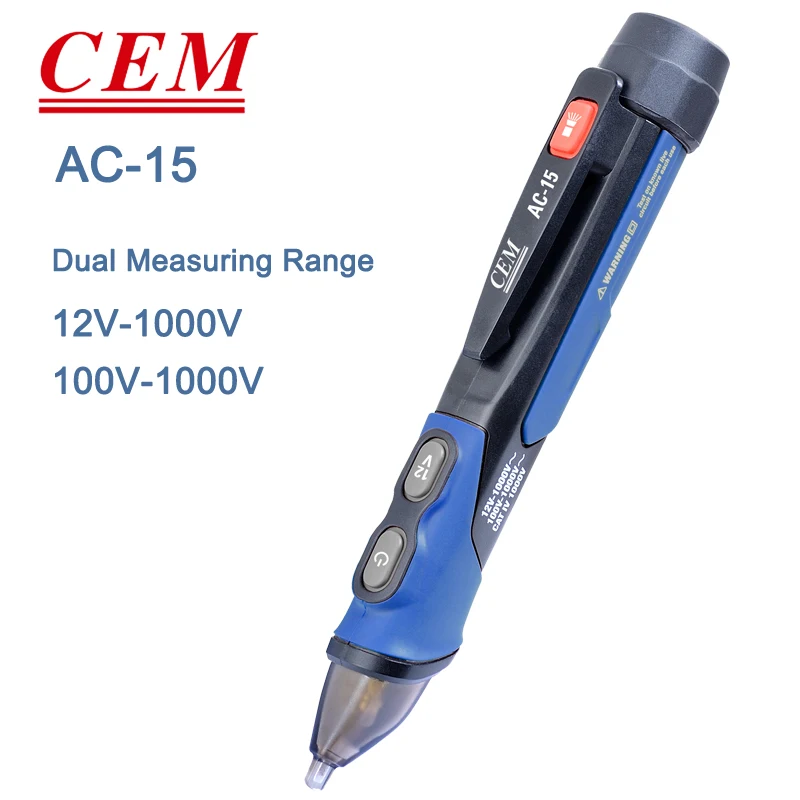 CEM AC-15 NCV Tester di tensione CA Rilevatore di tensione senza contatto Penna elettrica Voltmetro portatile a doppia gamma 12-1000 V e 100-1000 V