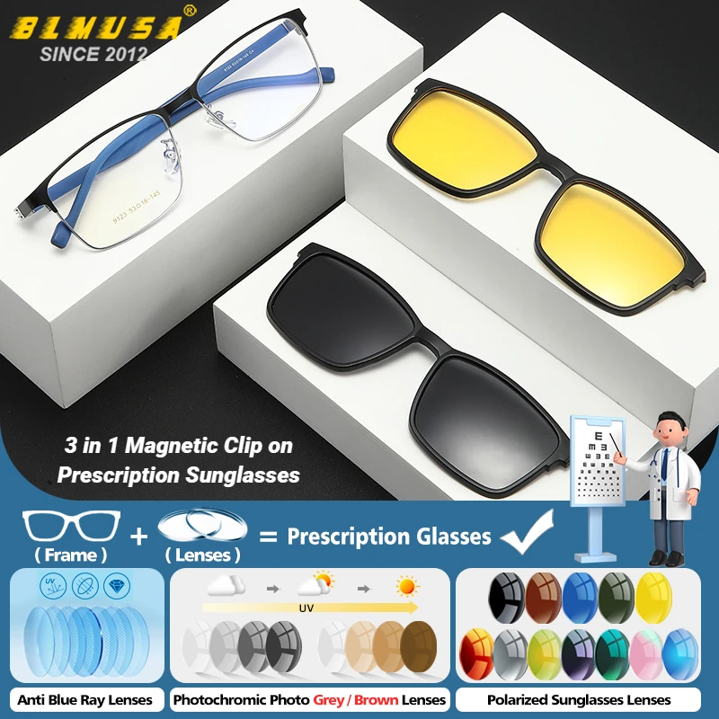 BLMUSA Magnetische Clip-on-Lesebrille, vielseitige optische polarisierte Herren-Sonnenbrille mit Sehstärke, progressive Brille Image