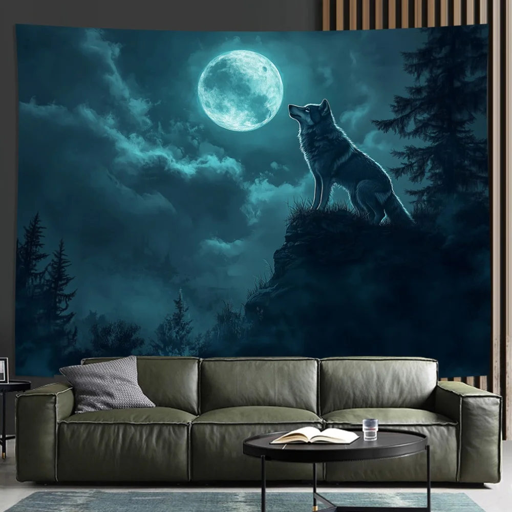 VIKAMA Moderne Kunst Wolf Mond Wandteppich Wohnzimmer Schlafzimmer Ins Stil Eingangsbereich Hintergrund Wand Skandinavischer Stil Dekoration Image