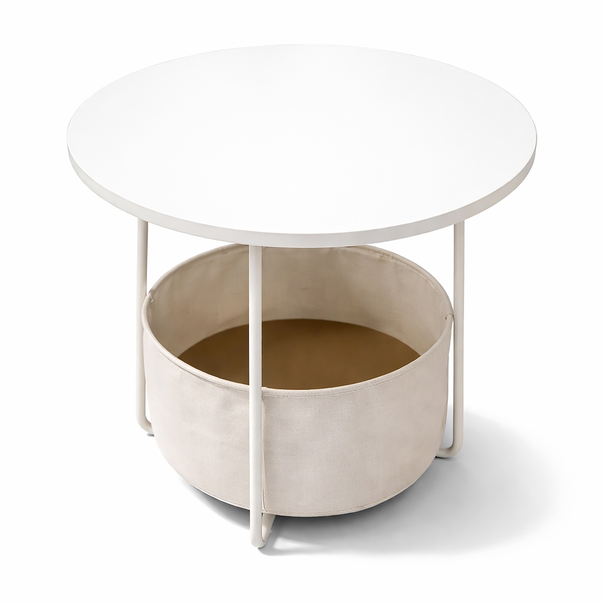 Relaxdays Beistelltisch, runder Couchtisch, mit Stoffkorb, HD 50x45cm, Kaffeetisch Wohnzimmer, MDF & Metall, beige-creme Image