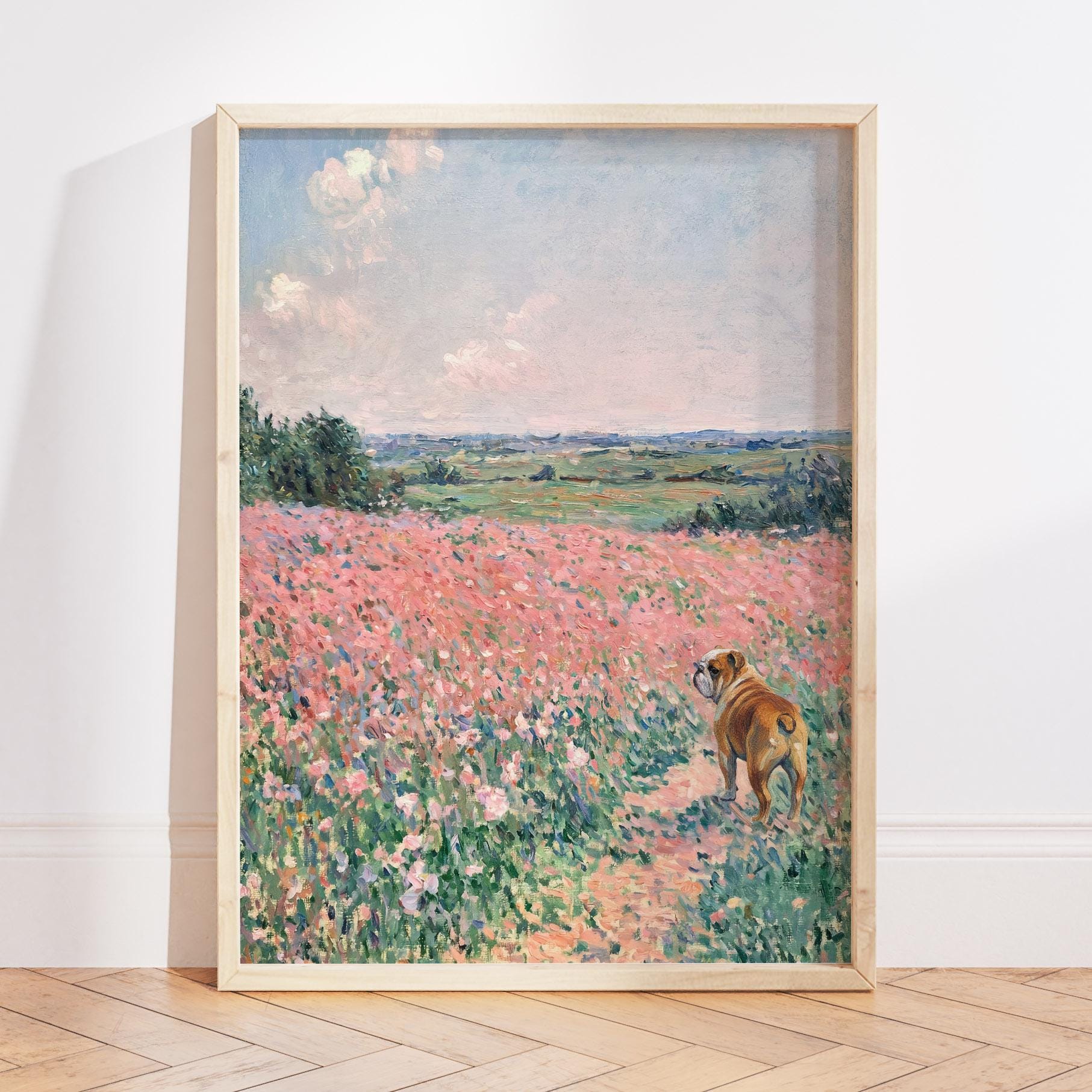 Stampa a olio di fiori selvatici pastello di Monet, arte murale con paesaggio floreale, arte del bulldog inglese