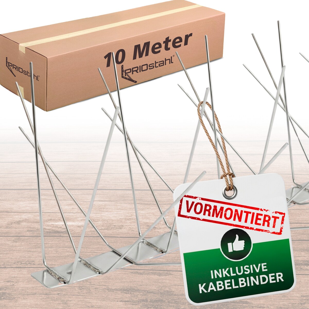 PRIOstahl Taubenabwehr Vogelschutz 6-reihig 10 Meter (10 x 100cm Spikes) + Kabelbinder aus Edelstahl Image