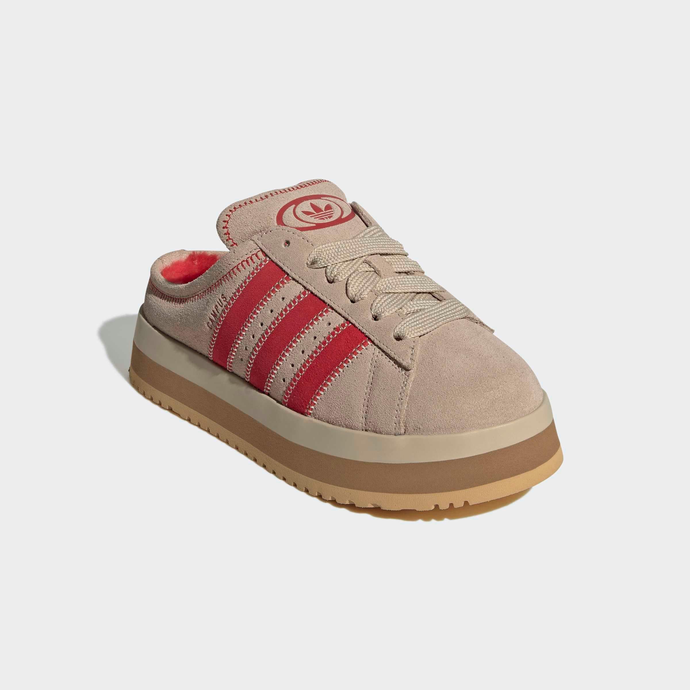 Pantolette ADIDAS ORIGINALS "CAMPUS 00S WINTER LOW", Damen, Gr. 38,5, stone khaki, stone khaki, better scarlet, Leder, Schuhe Pantolette