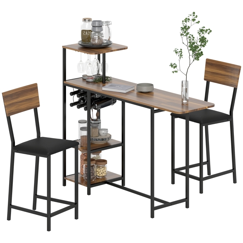 OKWISH Bartisch-Set 3-teilig 116-140x40 cm ausziehbar mit 2 Barhockern und Weinregal Braun MDF/Stahl Industrial für Küche & Essbereich