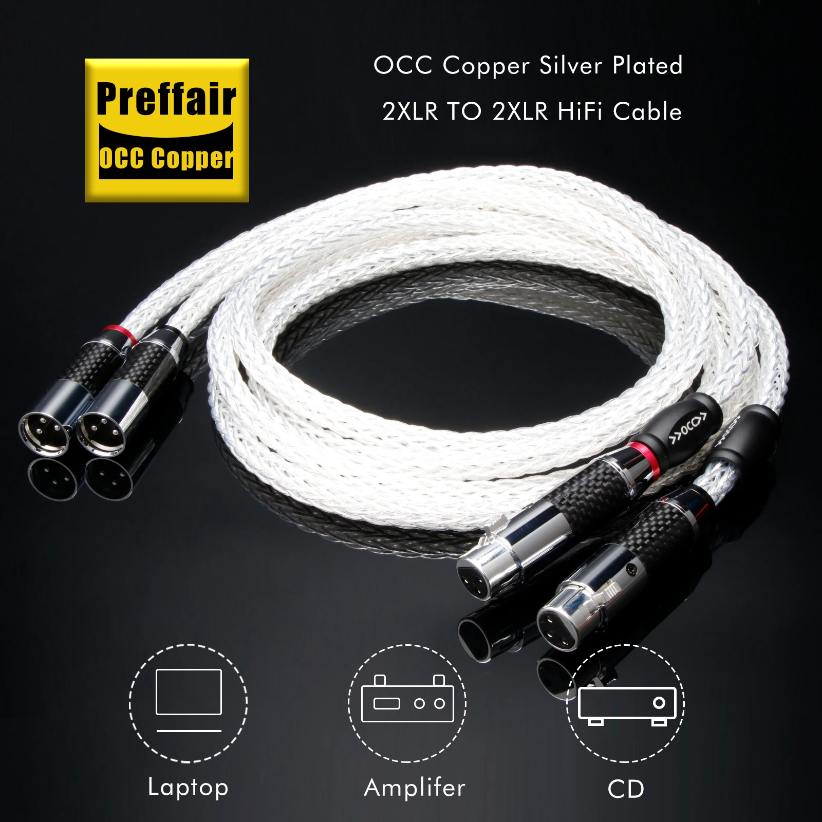 XLR-Audiokabel mit 3-poligem XLR-Balancenkabel aus Kohlefaser, Hi-End 6AG versilbertes OCC 12-Strang-Kabel, XLR-Anschluss, Audiokabel Image
