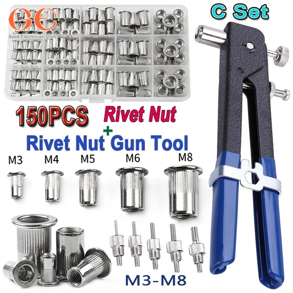 150PCS Nietmuttern Pistole Dorn Kit M3/M4/M5/M6/M8 oder Mutter Niet Dorne Repairtool Nietpistole Flatheadscrew Pop Mutter Niet Pistole Set Image
