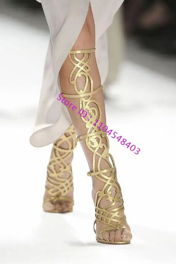 Zip Hohl Gold Leder Sexy Kniehohe Stiefel Dame Zeigen Chunky High Heel Sommer Stiefel Frauen Schuhe Gladiator Sandalen Plus Größe