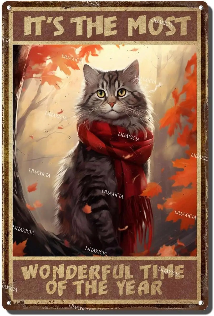 Dekor Metallschild Katze Herbst Herbst Ahornblatt Die schönste Zeit des Jahres Vintage Retro Metallblechschild für Bars Restaurants Ba Image