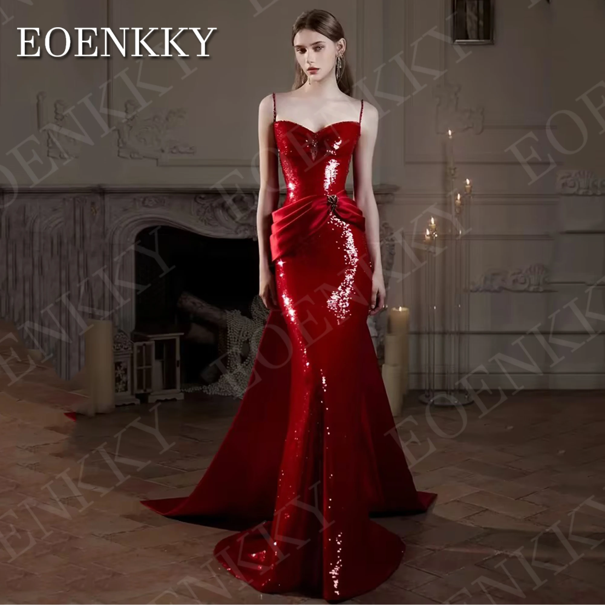 Eoenkky Luxus Meerjungfrau schlanke Abendkleider abnehmbare Zug sexy Pailletten Spaghetti träger Ballkleider rot angepasst Luxus Meerjungfrau Slim Abendkleider Abnehmbare Zug Sexy Pailletten Spaghetti