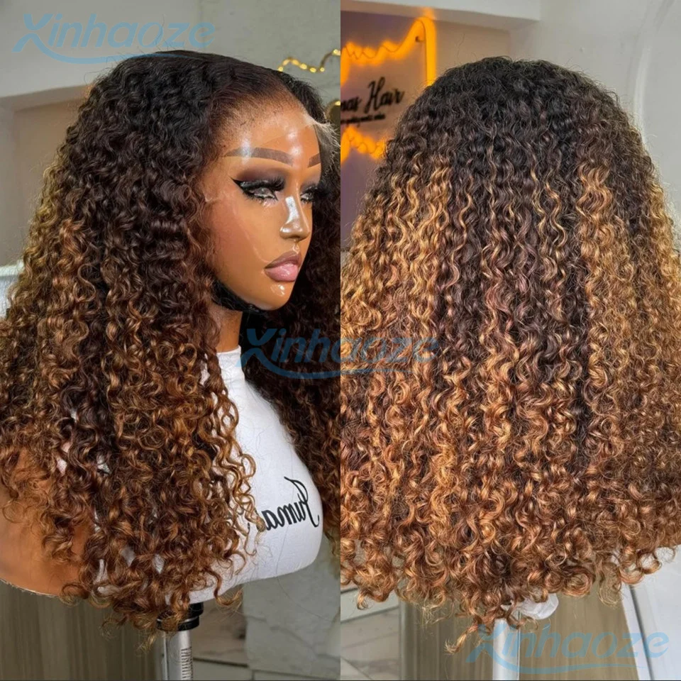 Afro verworrene lockige braune blonde Echthaar-Perücken ohne Kleber, 13 x 4 Seidenbasis-Perücken, natürlicher Haaransatz mit gebleichten Knoten, 5 x 5 Seidenbasis-Perücken Image