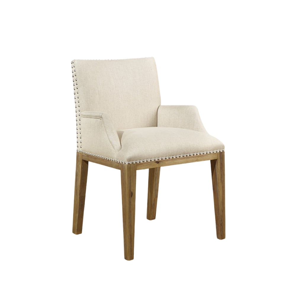 Fauteuil de table en bois massif et tissu polyester effet lin beige
