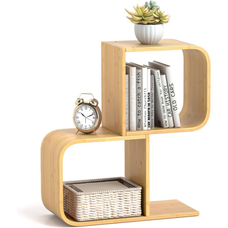 Costway - Libreria A 2 Cubi Forma Di S, Libreria Bassa Scaffale In Bamboo, Libreria Design Moderna Salvaspazio Piccola Da Terra, Per Soggiorno, Studio E Ufficio, 61 X 23 X 66,5 Cm, Naturale