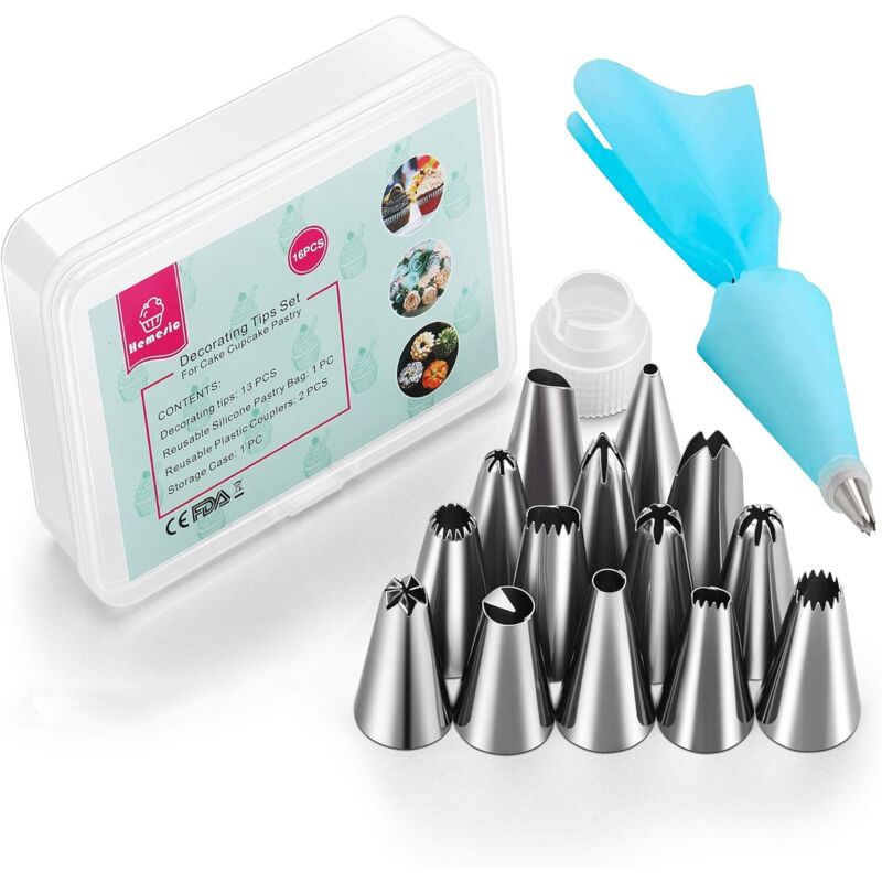 Beccucci Per Decorare Torte, Kit Fai Da Te In Acciaio Inossidabile Per Decorare Torte E Cupcake, 14 Beccucci E 1 Sac À Poche Riutilizzabile (confezione Da 16)
