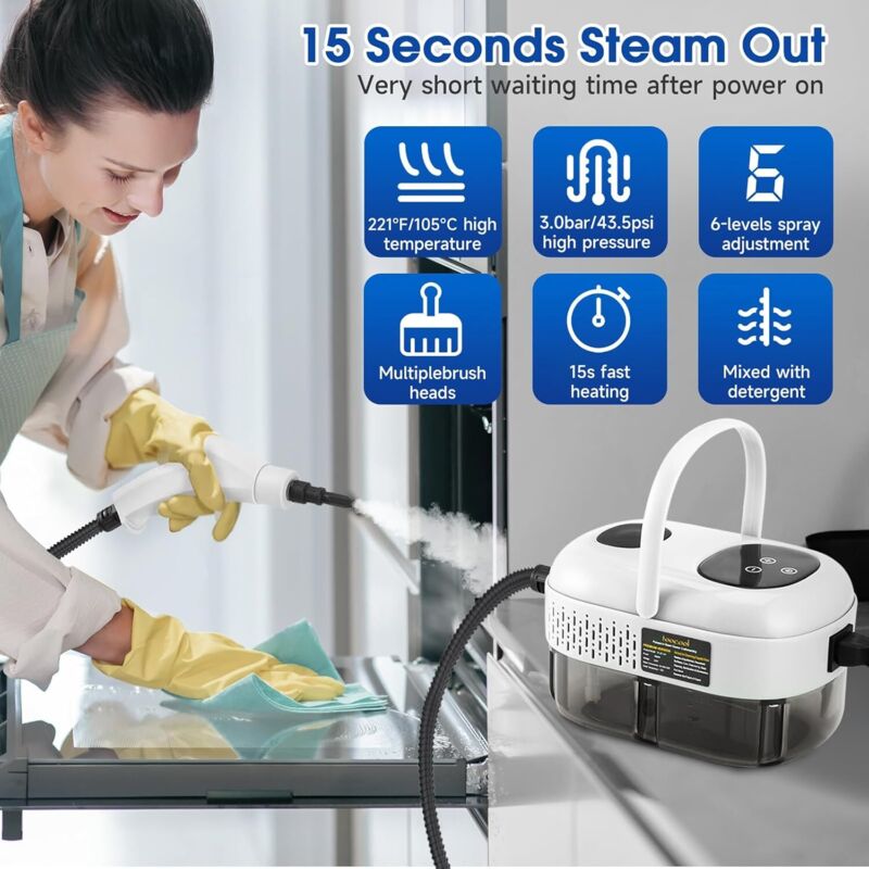 Pulitore A Vapore Portatile Da 1600 W, Pulitore A Vapore Ad Alta Pressione Da 900 Ml Con 3 Testine A Spazzola, Pulitore A Vapore Portatile Multifunzionale Per Mobili Da Cucina, Bagno, Auto (bianco)