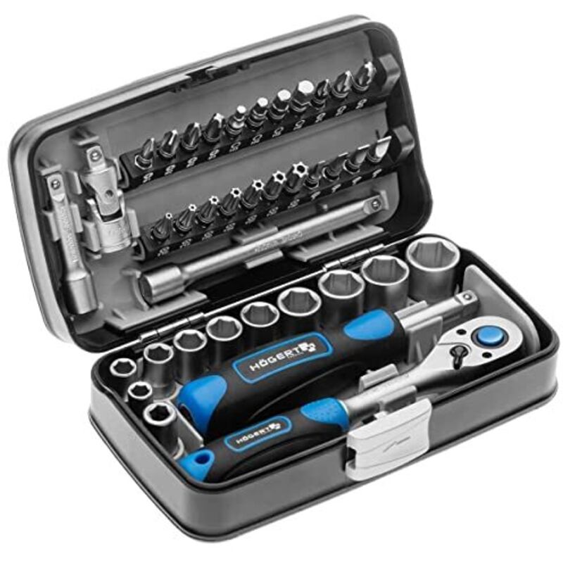 Högert Technik - Cassetta Attrezzi, Set Attrezzi, Valigetta Attrezzi, Set Utensili, Kit Attrezzi, Set Di Chiavi A Bussola E Accessori 1/4", Meccanismo A Cricchetto Con 72 Denti - Ht1r462, 38 Pezzi