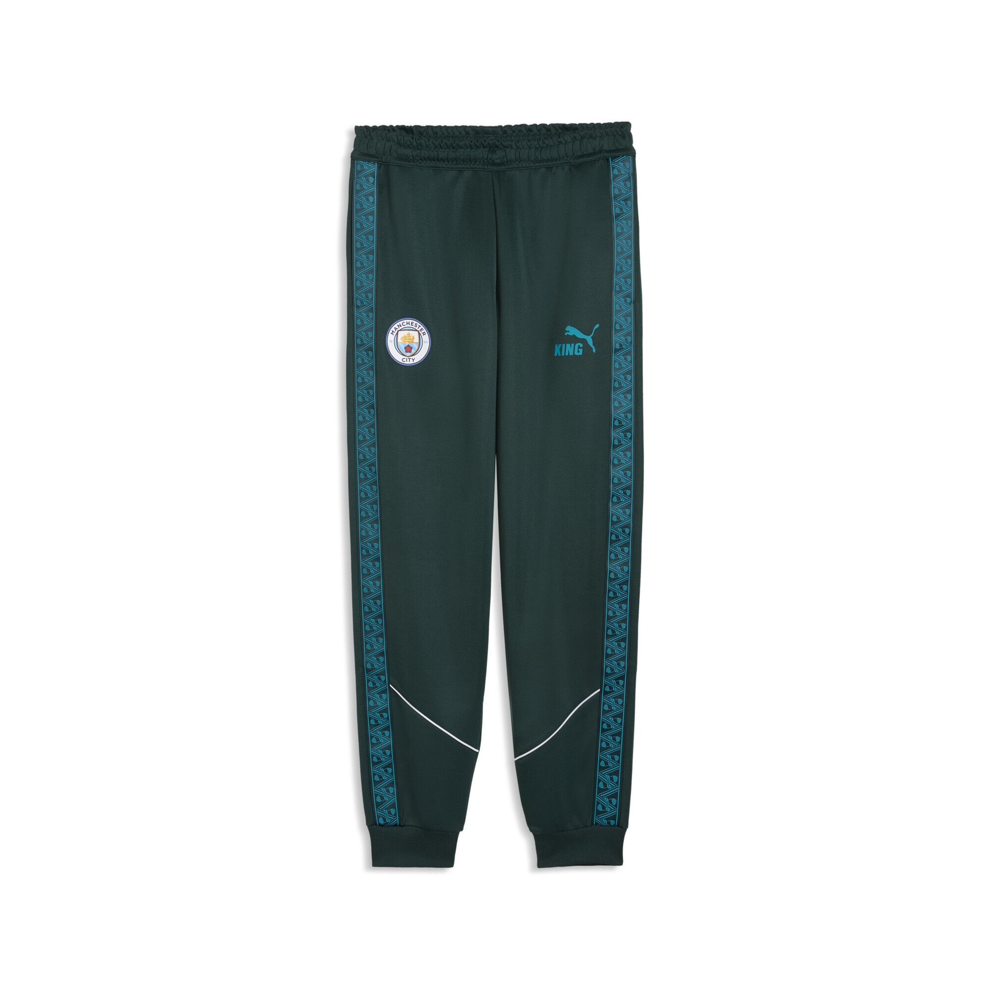 Sporthose PUMA "Manchester City KING Anthem Hose Herren", Damen, Gr. M, Normalgrößen, grün terrain tropical blau, Obermaterial: 63% Polyester, 37% Baumwolle; Taschenfutter: 100% Polyester; Rippe: 7% Elasthan, 93% Polyester; Besatz: 100% Polyester,...