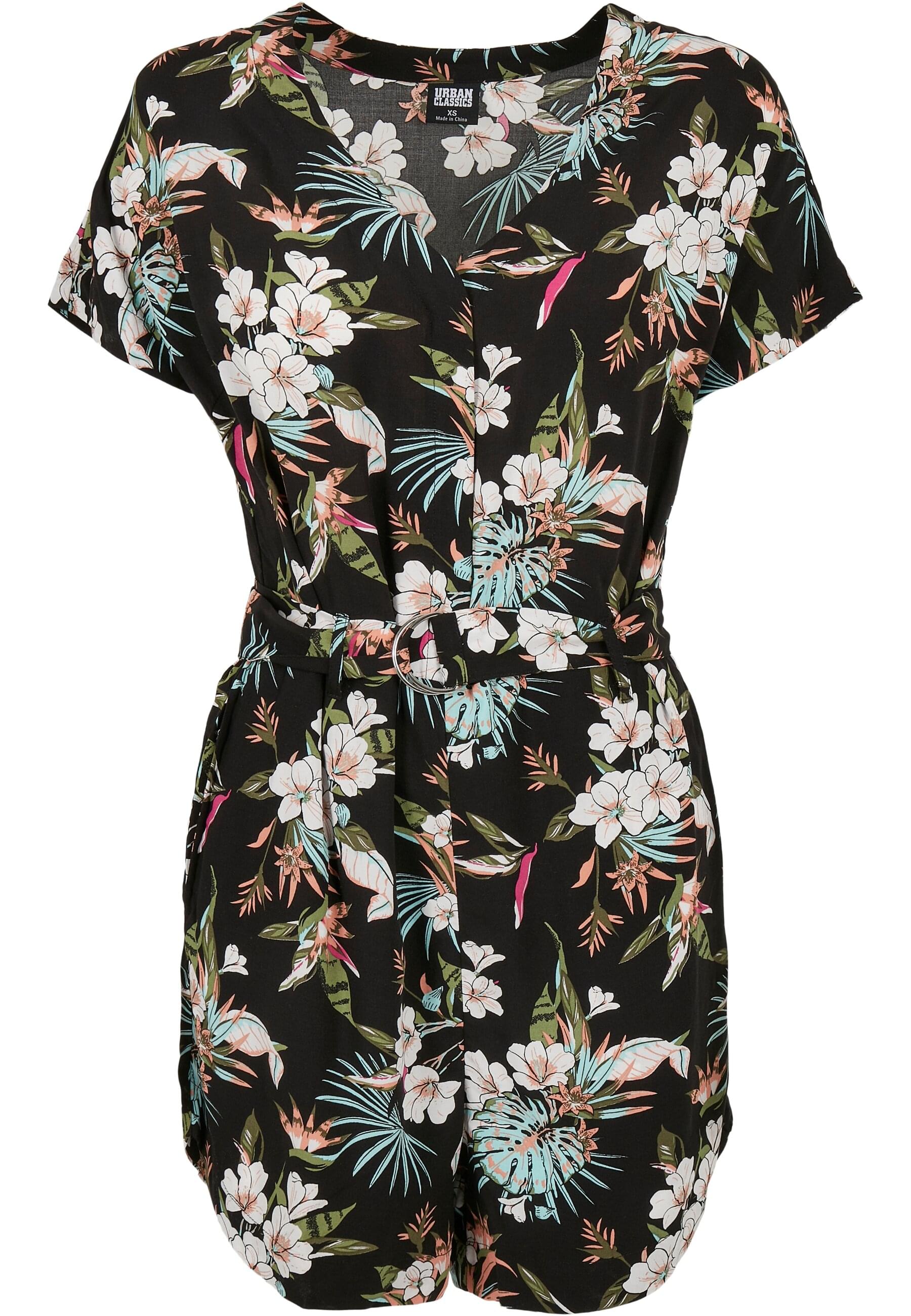 Jumpsuit URBAN CLASSICS "Urban Classics Damen Ladies Short Viscose Belt Jumpsuit", Damen, Gr. XS, US-Größen, schwarz tropical, 100% Viskose, loose fit, Overalls Jumpsuit