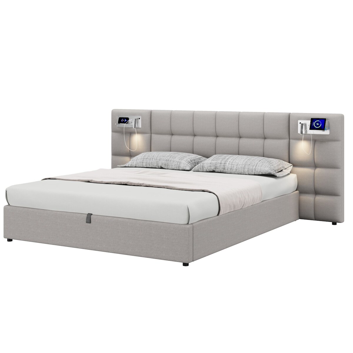 Merax Doppelbett Polsterbett 180x200cm, Breitohrbett Hydraulikbett mit USB, Wireless Charging, Beleuchtung & Holzlattenrost, Linen, Grau Image