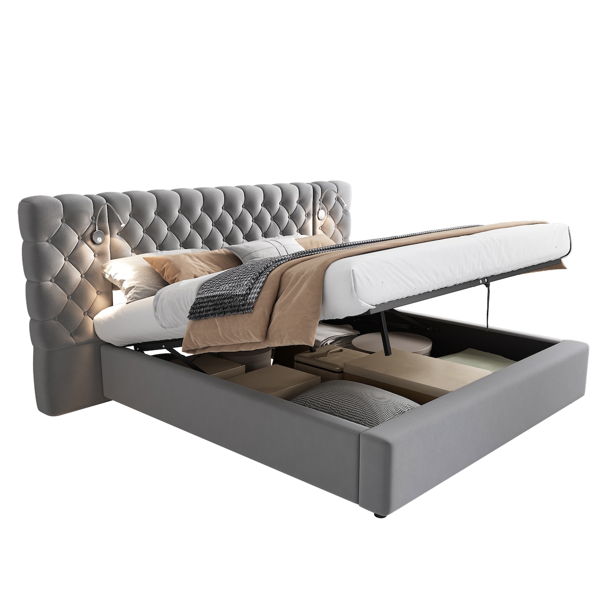 Merax Doppelbett 160x200cm, Breitohrbett, Polsterbett mit hydraulischem Stauraum & LED-Beleuchtung, Samt, Grau Image