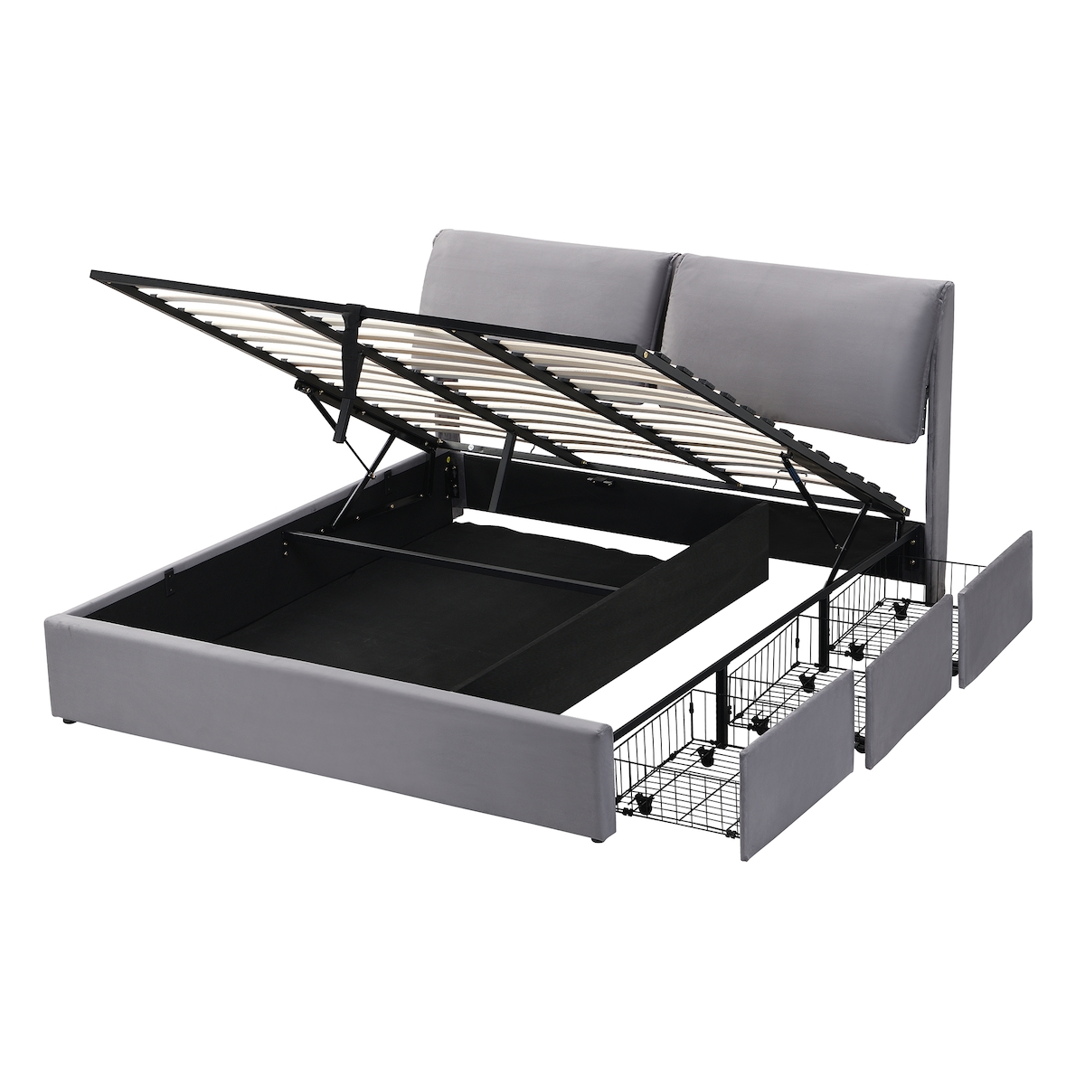 Merax Doppelbett 160x200cm, Polsterbett mit 3 Schubladen, Lattenrost & Kopfteil, Samt, Grau Image