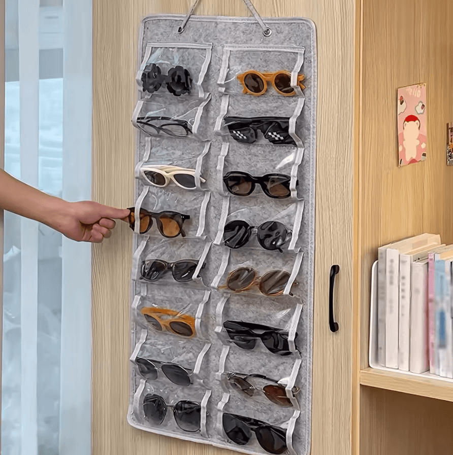 Wall Mounted Glasses Organizer With 16 Felt Slots Dust Proof Eyewear Storage Rack black