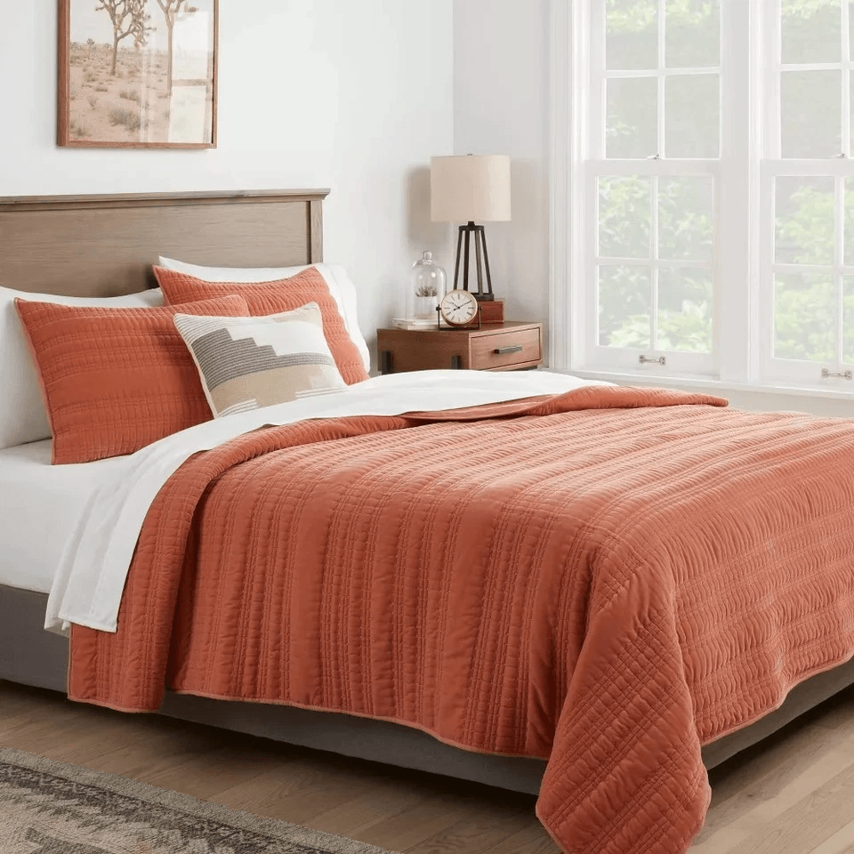 Channel Quilted Threshold Velvet Quilt, Terracotta Bronze, Full Queen For A Luxurious Bed Channel Quilted Threshold Velvet Quilt, Terracotta Bronze, Full Queen For A Luxurious Bed