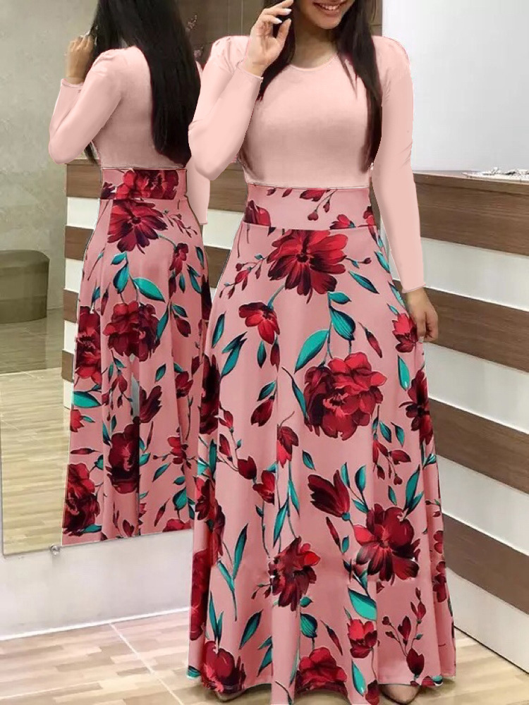 Long Dresses Autumn Flower Color Matching Dresses Women's Clothing pink s