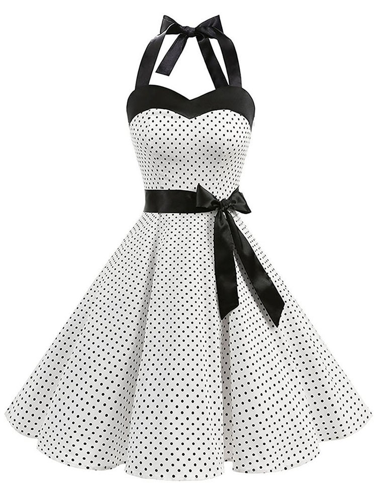 Women Polka Dot Print Summer Dress, Sexy Retro White Halter Vintage Robe Femme Pin Up Rockabilly Party Dress red xxl