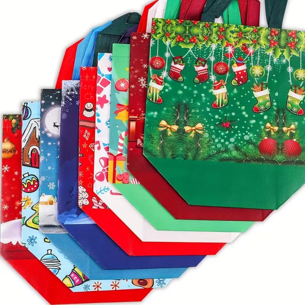 Reusable Christmas Gift Bags Set 12.6x9.8in Foldable Christmas Tote Bag With Handles For Holiday Gifting & Shopping 5pcs