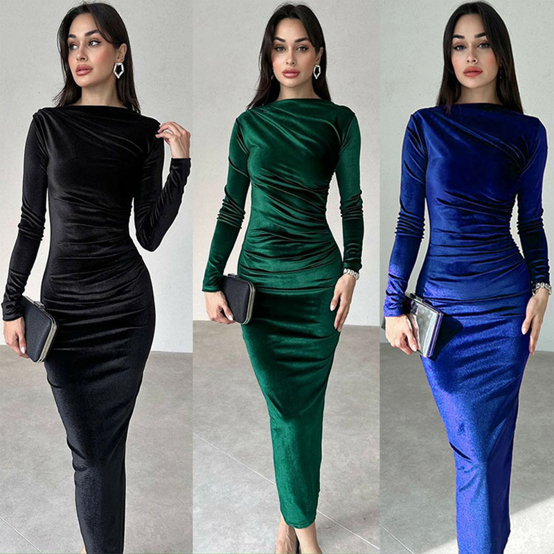Elegant Party Clothes, Midi Dress For Women Ruched Long, Evening Green Outfits green m
