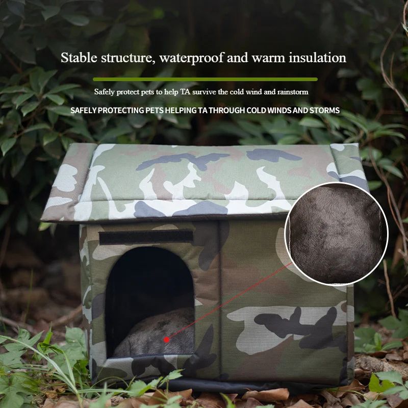Outdoor Camouflage Cat House Warm Oxford Fabric Pet Shelter, Four Season Closed Cat Nest For Cold Weather l Camouflage Colour