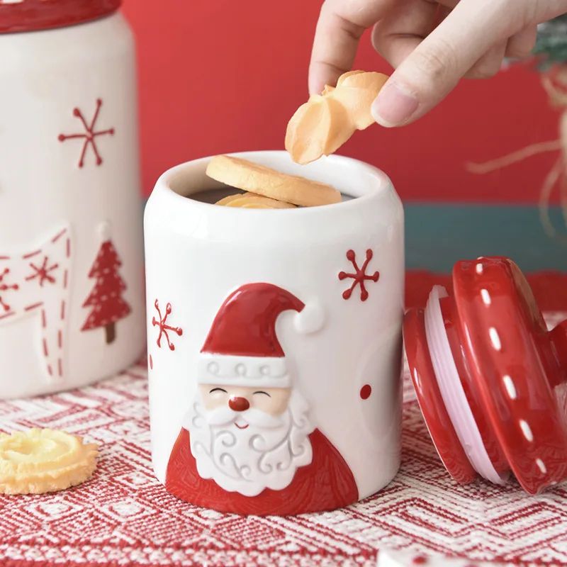 Santa Claus Christmas Ceramic Cookie Jar & Serving Plate Set Holiday Tableware For Cookies, Desserts & Snacks g