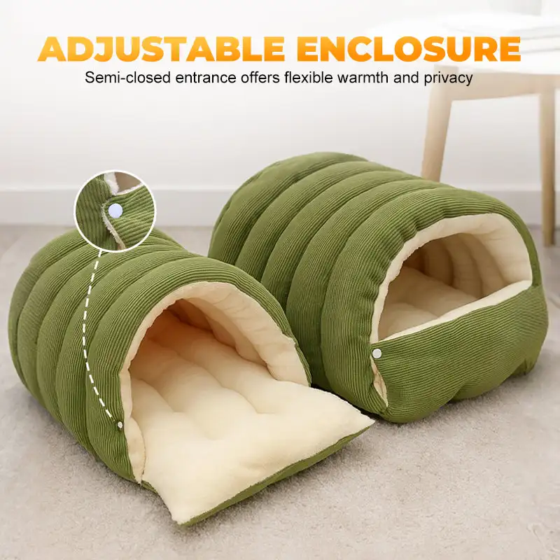 Winter Warm Enclosed House Cat Bed, Thermal Plush Cat Bed With Removable Washable Cover For Cats And Small Pets green s