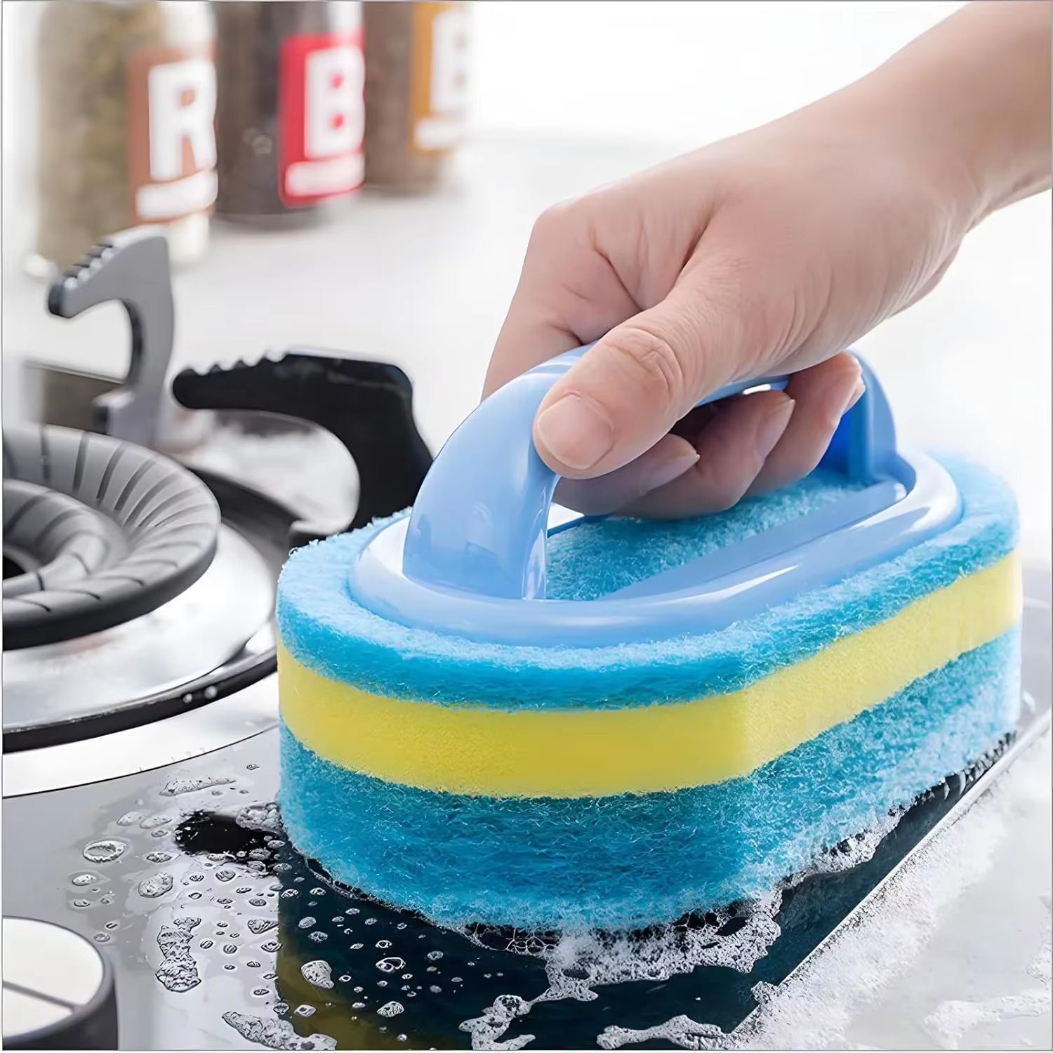 Household Cleaning Brush With Handle Thick Scrubbing Sponge For Kitchen, Bathroom, And Home Cleaning 2pcs