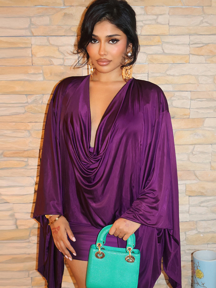 Spring Elegant Classic Satin Dress For Women, Deep V Neck, Swing Long Sleeve, Simple Midnight Clubwear, Midnight Skinny purple m