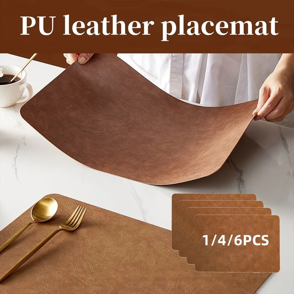Square Faux Leather Kitchen Dining Placemats Heat Resistant Insulation Table Mats gray 6 Pcs