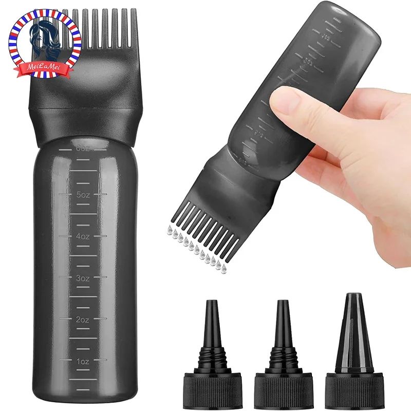 6oz Hair Oil & Dye Applicator Bottle Set With Root Comb Tip + 3 Pointed Nozzle Caps Scalp & Roots Precision Tool black