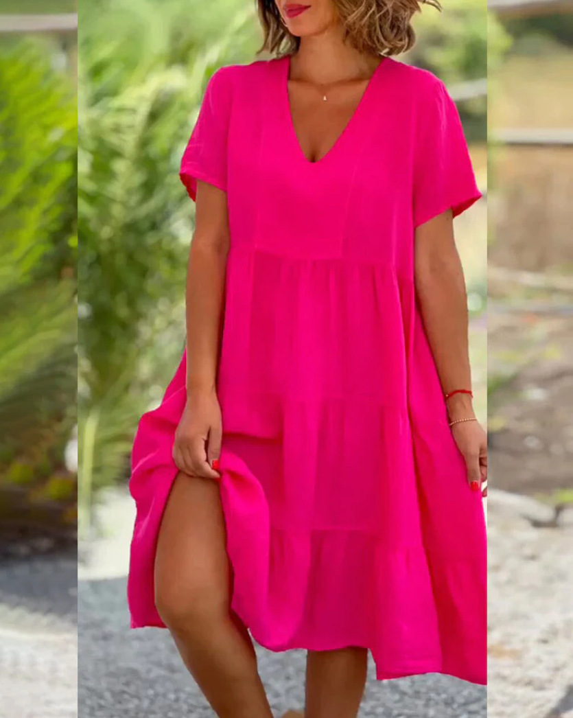Solid V neck Large Swing Loose Dress For Summer Sweet Style coral Red xl