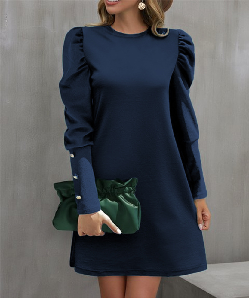 Solid Color Round Collar Bubble Sleeve Button Long Sleeved Dress, Women's Autumn And Winter New Fashion Outfit red xl
