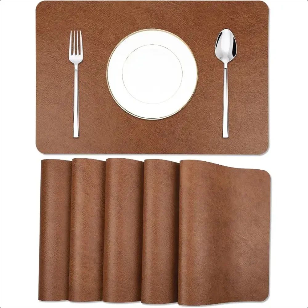 Cowhide Faux Leather Placemats Set Heat Resistant, Waterproof, Non Slip Table Mats For Dining & Kitchen Protection brown 6pcs 17.52 11.81 Inches