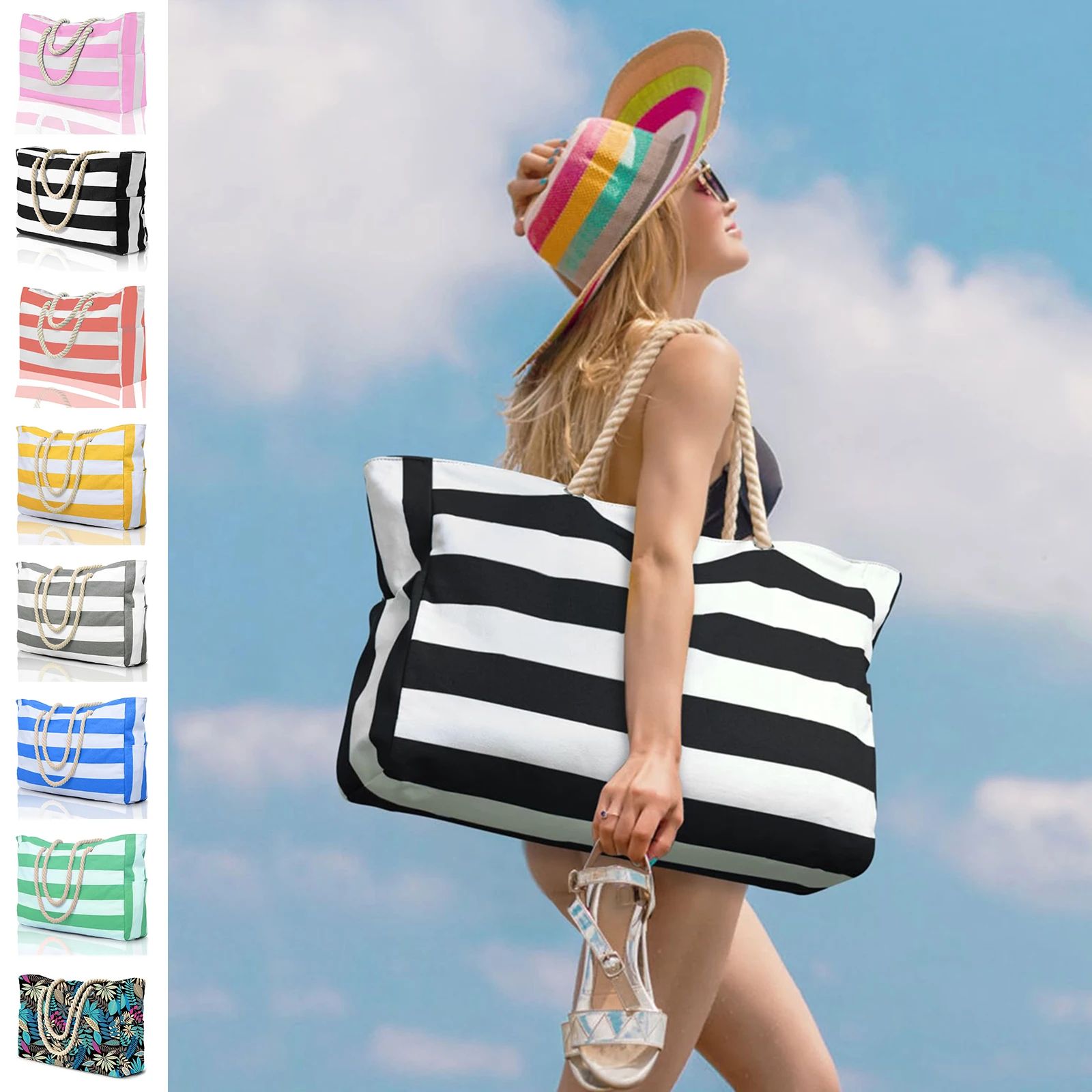 Striped Waterproof Foldable Beach Bag blue