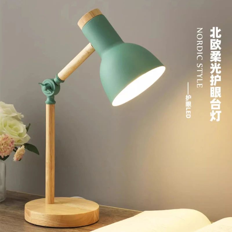 Nordic Wooden LED Table Lamp Turning Head, Minimal Bedside Desk Light Eye Care Reading Lamp For Bedroom Study white eu Plug
