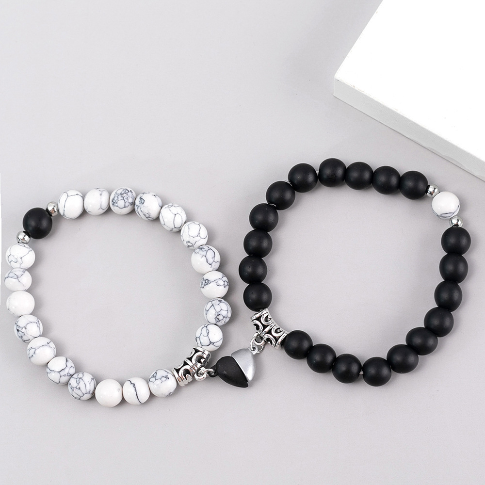 Natural Stone Heart Magnet Distance Couple Bracelets Beads Friendship Fashion Jewelry Gift beige Black