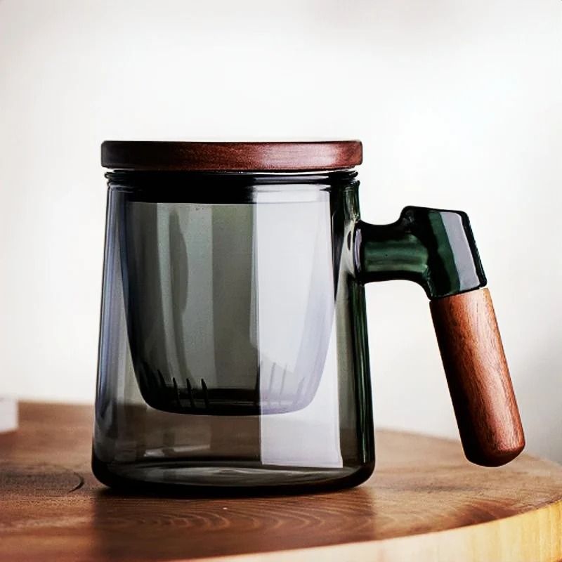 400ml Walnut Wooden Handle Glass Infuser Mug clear