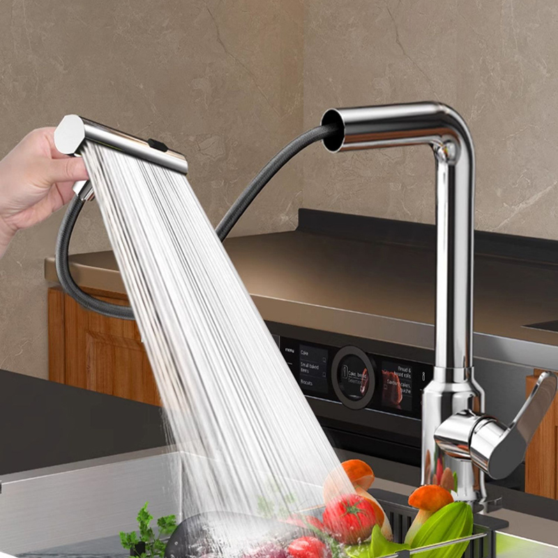 Multifunctional Stainless Steel Kitchen Faucet Pull out Hot And Cold Rotatable Sink Splash proof Household Universal grey