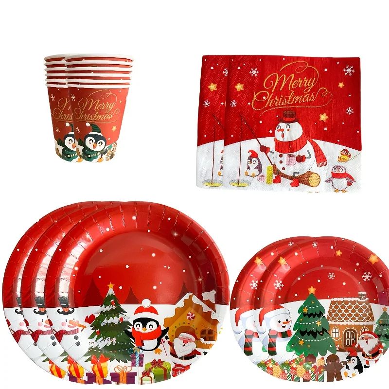 Christmas Party Tableware Set (10 Pack) Disposable Paper Plates And Cups With Napkins Banner Decor paper Towels