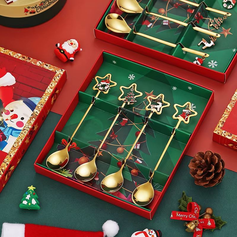 4PCS Christmas Coffee Spoon Set Gold Stainless Steel Festive Tableware 4 Pcs Start With Box
