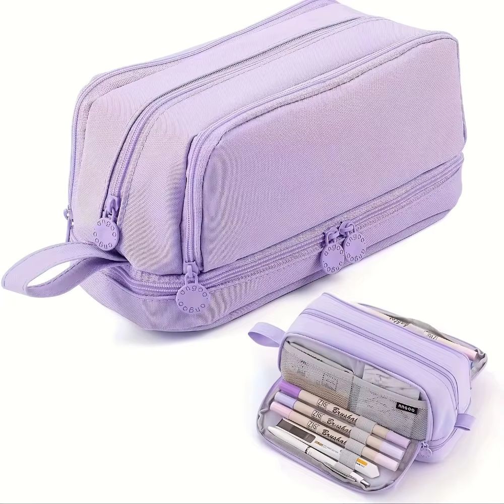 Multi Compartment Large Capacity Pencil Case With Transparent Partition purple V2