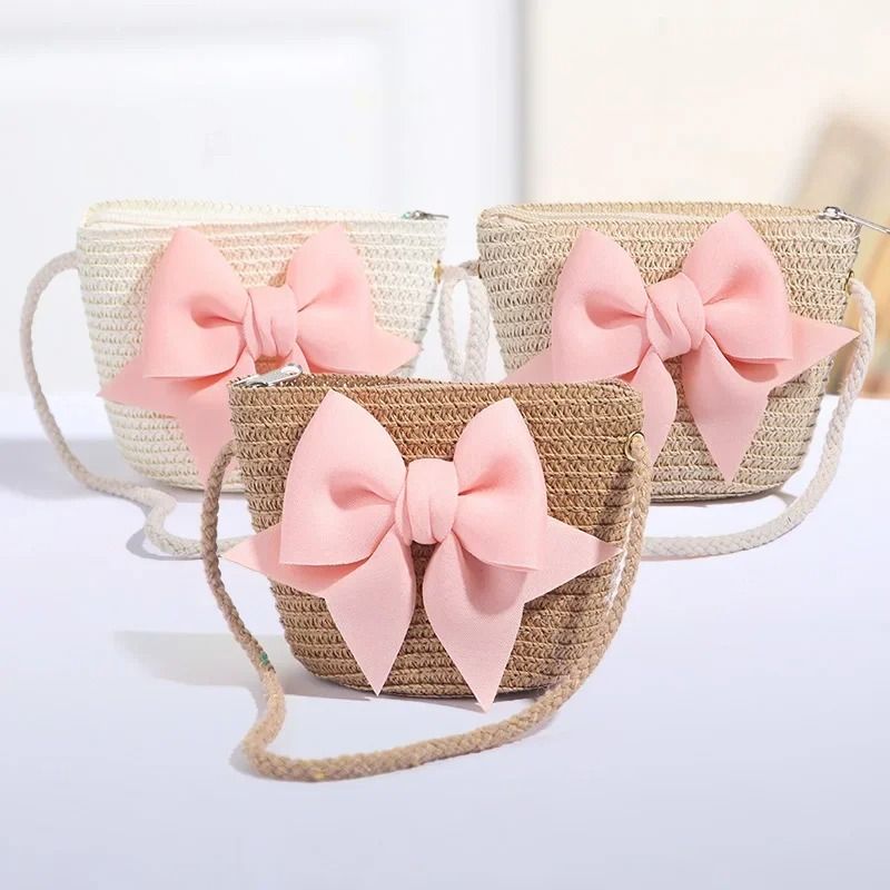 Cute Bow Straw Shoulder Bag And Mini Crossbody Purse For Girls pink