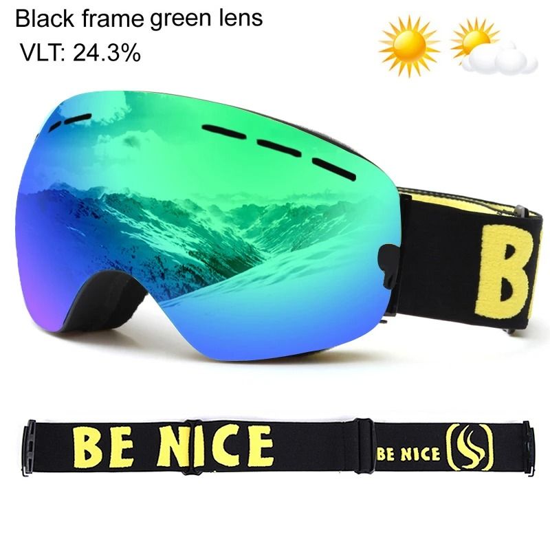 UV400 Anti Fog Double Layers Ski Goggles With Big Lens only Green Lens